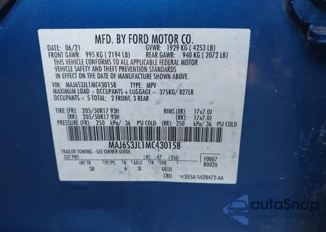 2021 Ford Ecosport Ses from USA, damaged, VIN MAJ6S3JL1MC430158